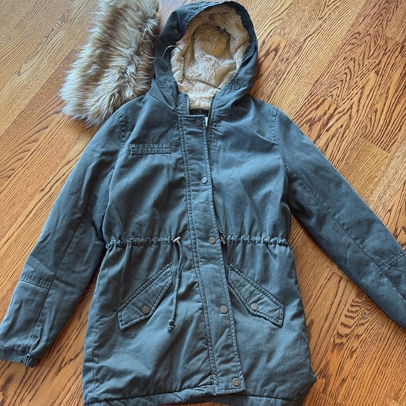 Sky & Sparrow Green Womens full zip Coat removable fur sz S lined parka army - Picture 2 of 6